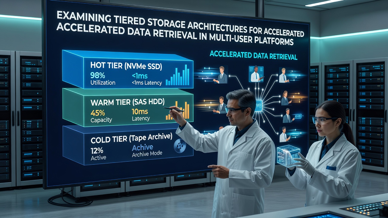 Flowchart showing automated data migration between storage tiers during peak multi-user activity